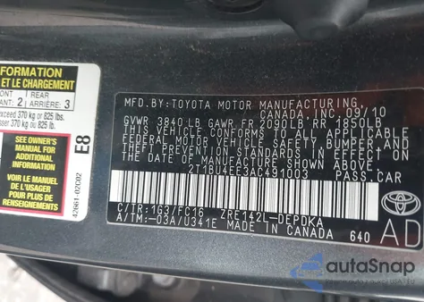 2010 Toyota Corolla Le из США, поврежденный, VIN 2T1BU4EE3AC491003